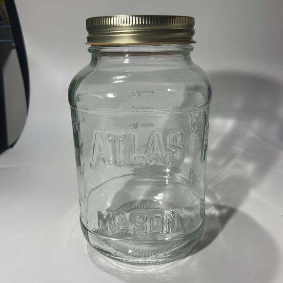 Clear Glass ATLAS Mason Square Storage Jar 24 oz Classico w Lid 6.5” EUC - Picture 1 of 5